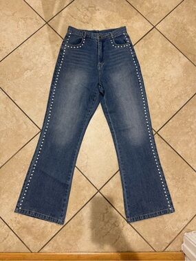 Dark Blue Pearl-Trim Straight Leg Women’s Jeans